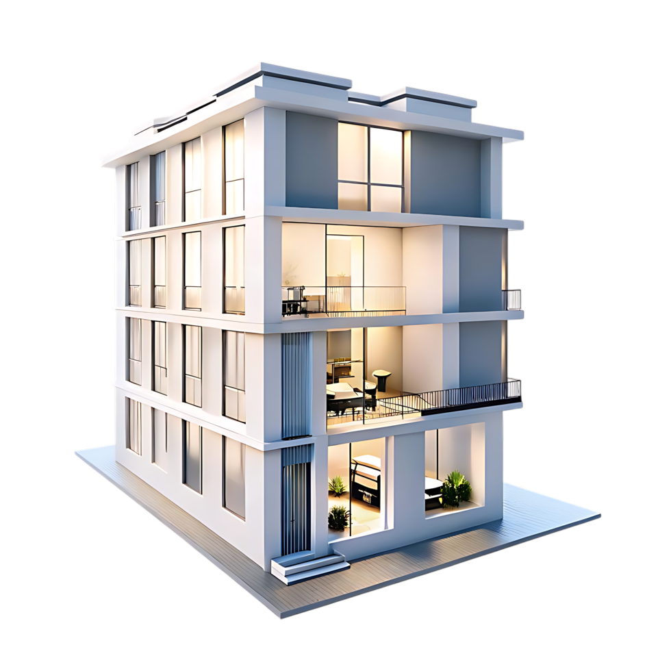 Architectural Rendering of Two Buildings with Lights on transparent Background png