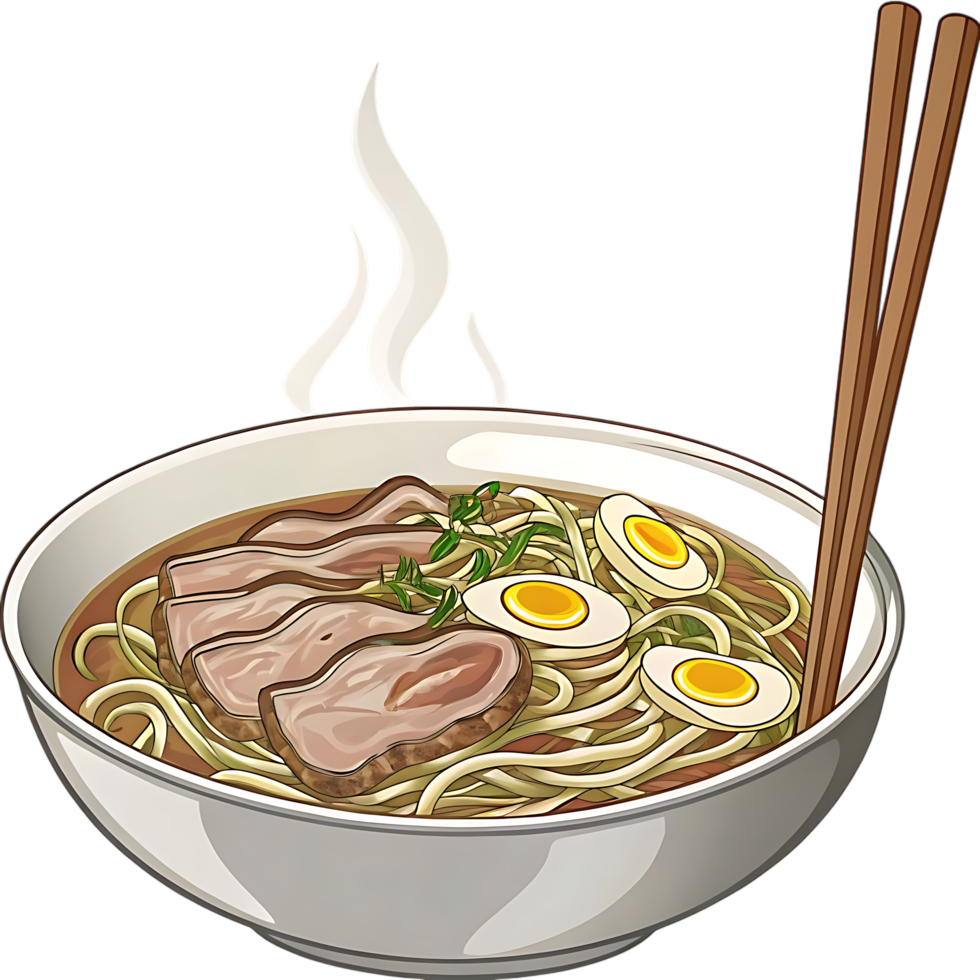 Steaming Hot Bowl of Pork Ramen Noodles png