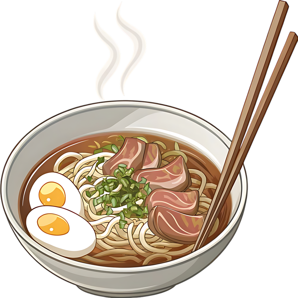 Beef Ramen Noodles with Soft Boiled Egg in Bowl png