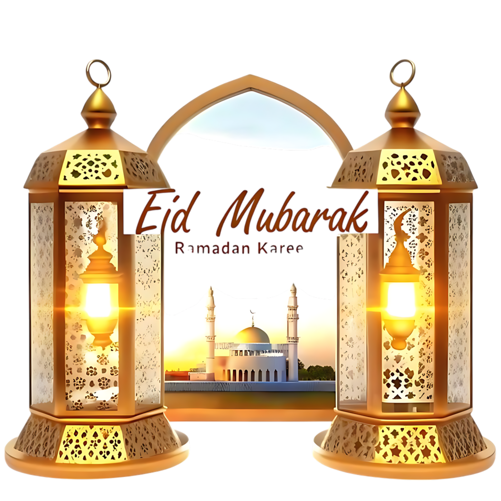 Eid Greeting with Mosque and Lantern Decor png