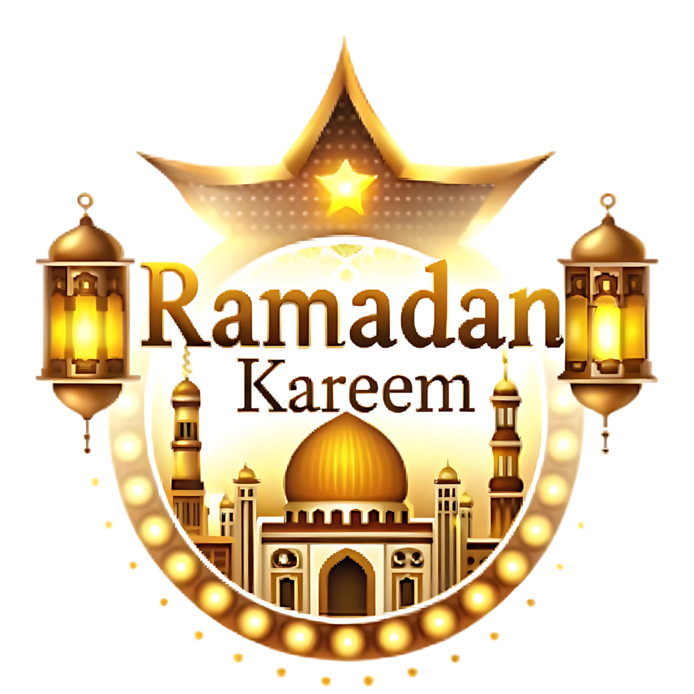 Ramadan Kareem Message with Mosque and Lantern Design png