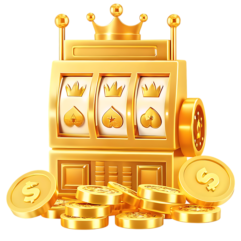 Golden Slot Machine with Crown and Coin Payout png