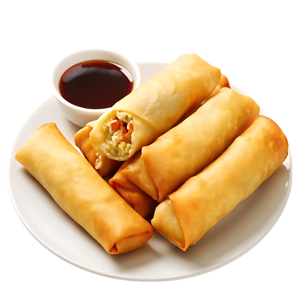 Crispy Spring Rolls with Dipping Sauce on Plate png