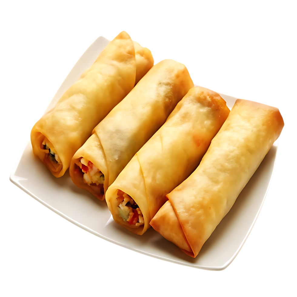 Four Fried Egg Rolls on White Plate Presentation png
