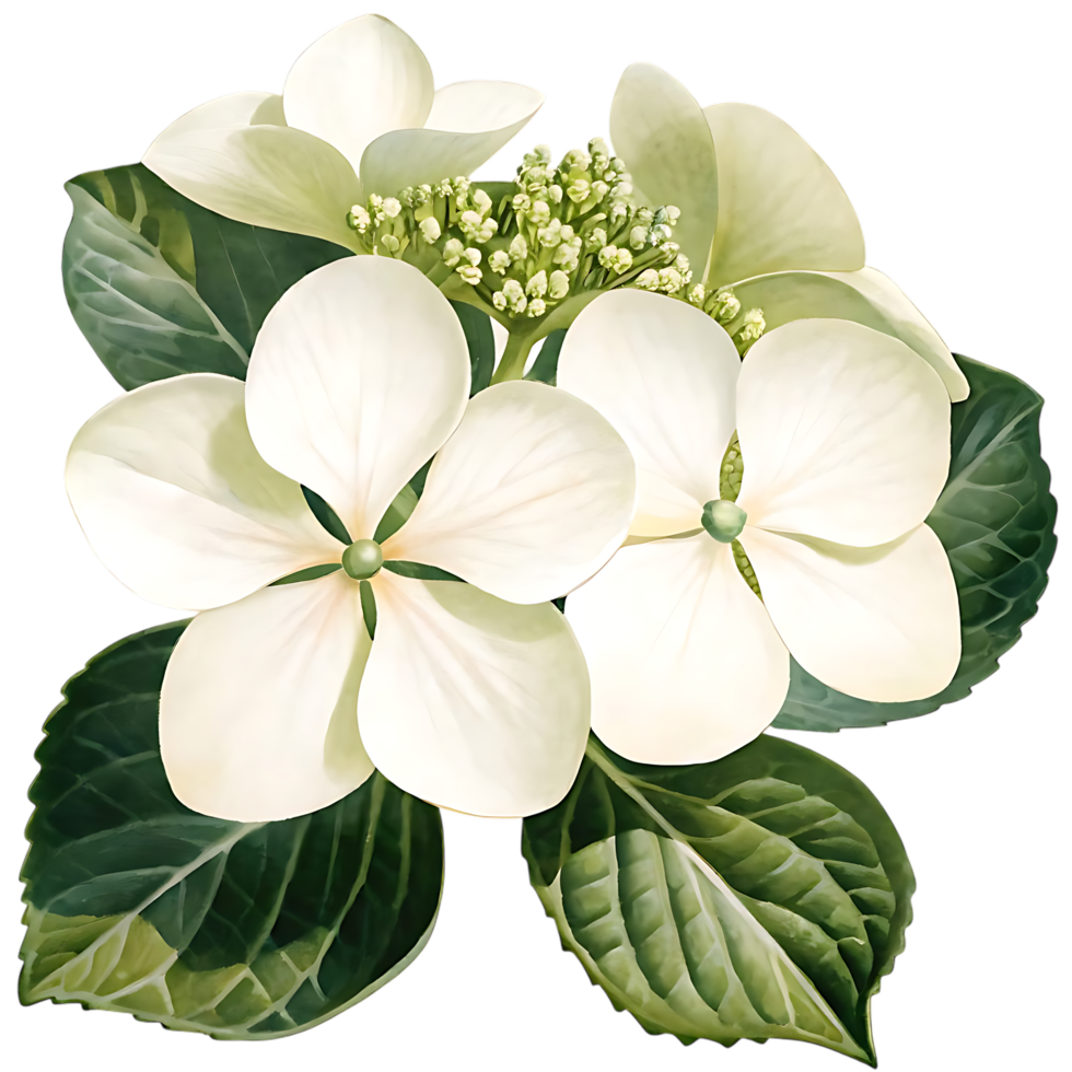 White Hydrangea Blooms with Green Leaves png