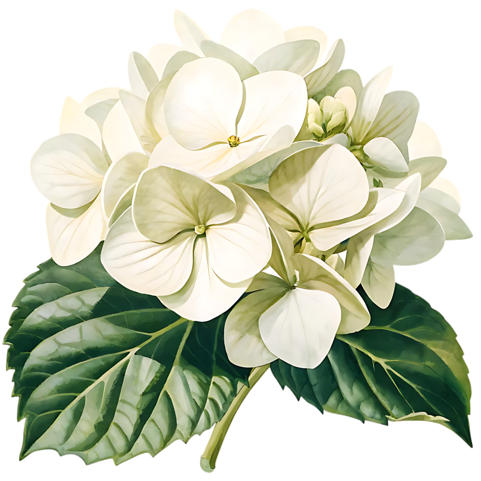 White Hydrangea Blossom with Green Leaves png