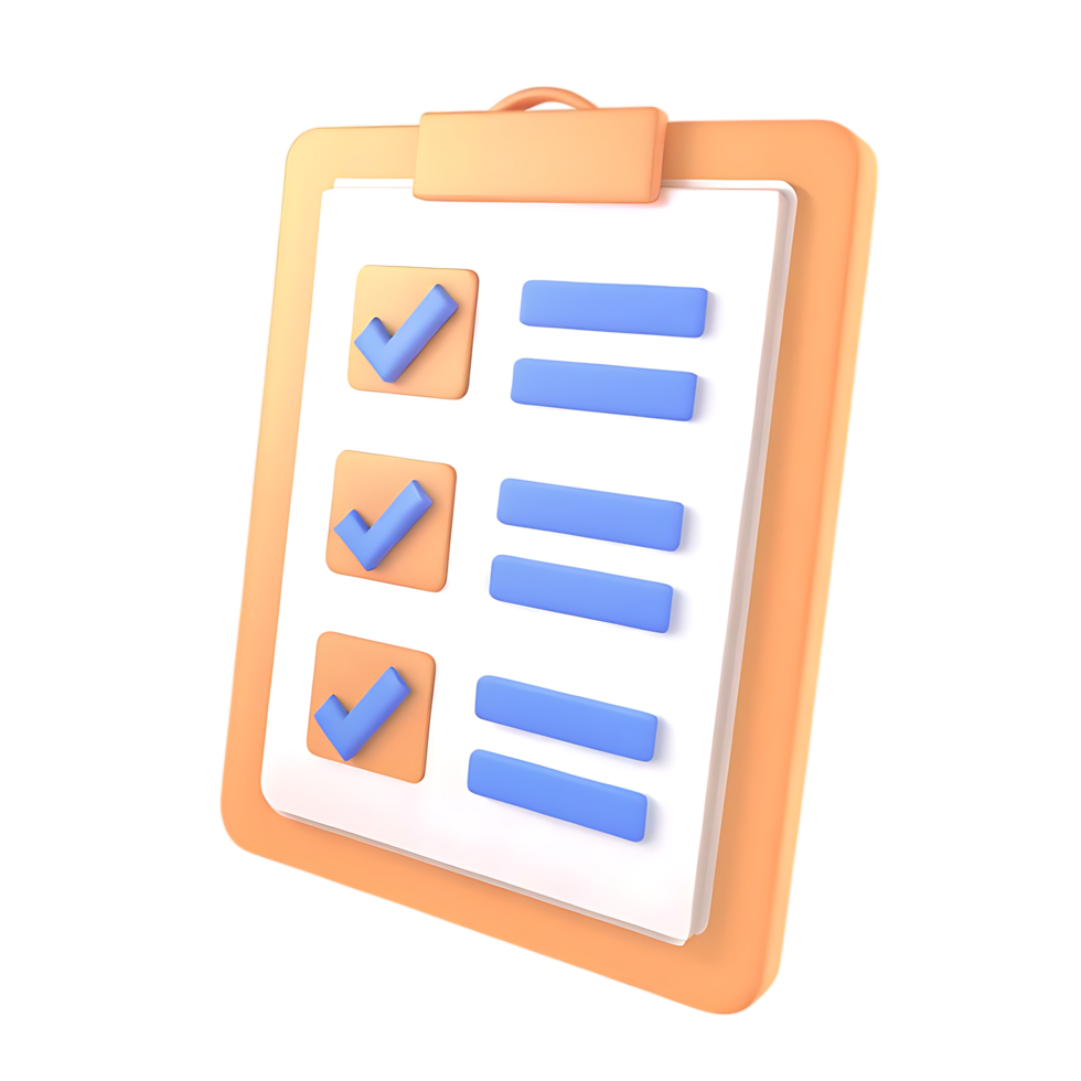3D Render Checklist Clipboard with Checkmarks png