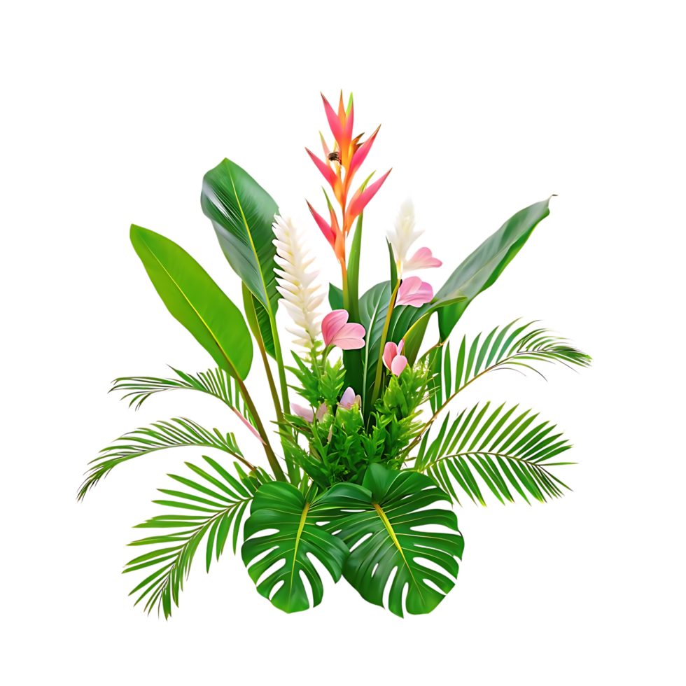 Vibrant Tropical Flower Arrangement with Lush Greenery png