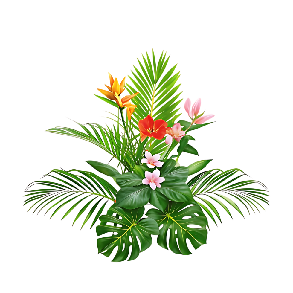 Vibrant Tropical Flowers with Lush Green Leaves Display png