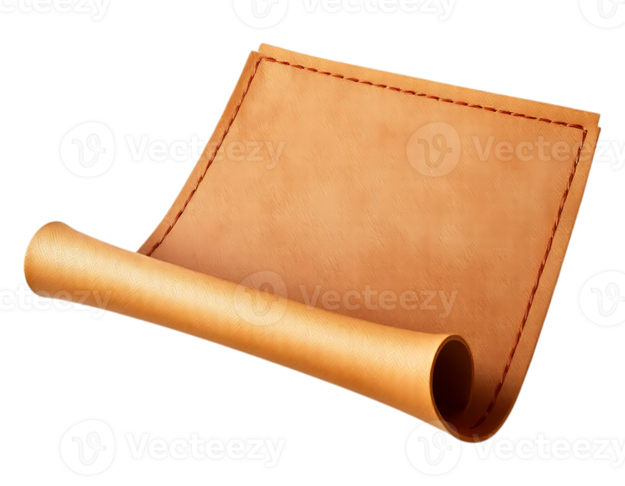 Rolled leather scroll with stitched edges on a transparent background. png