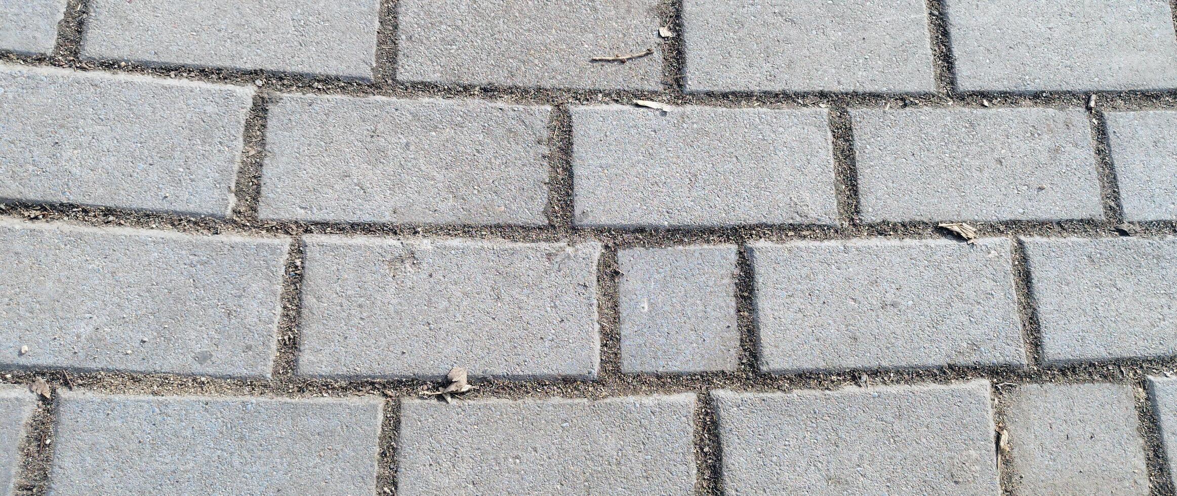 Paving stones as background or texture. Cobblestone pavement in the city. Nested pavers of Grey colors. Grey brick background. Gray stone tile block background with horizontal texture of gray brick. photo