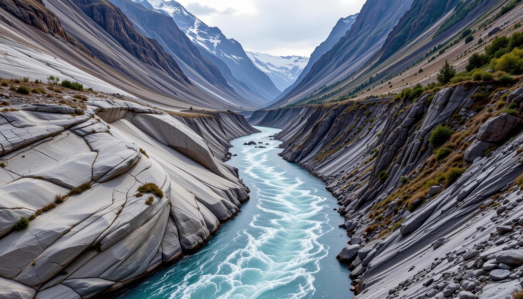 a glacial river rushing through a narrow gorge, carving smooth walls into ancient stone as snow melts upstream. photo