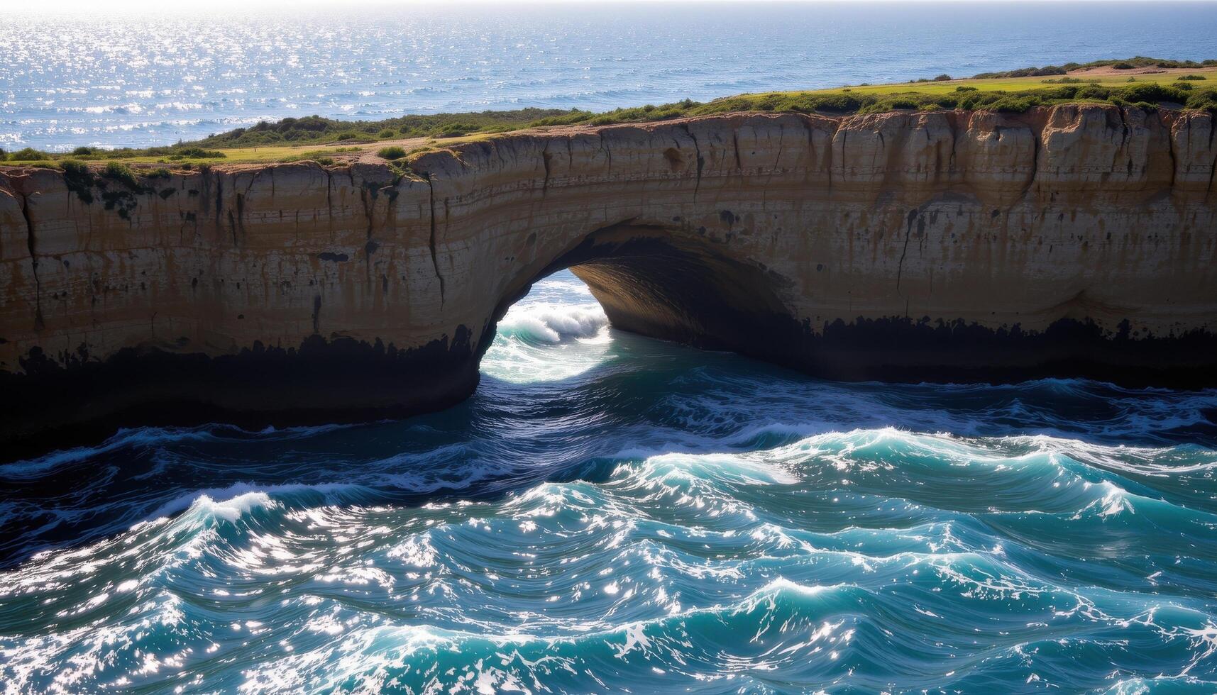 a cliff arch standing alone in the ocean, waves crashing through it and light filtering between. photo