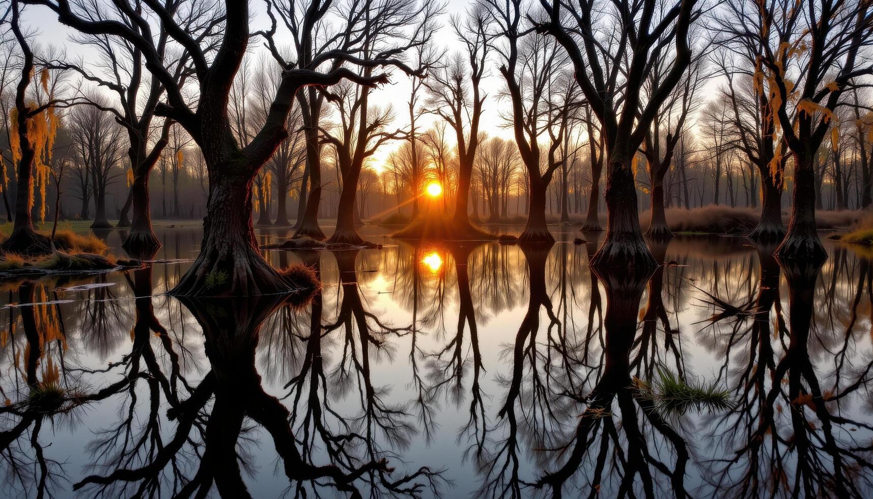 a quiet swamp at sunrise, with still black water, reflections of twisted trees, and moss hanging like lace. photo