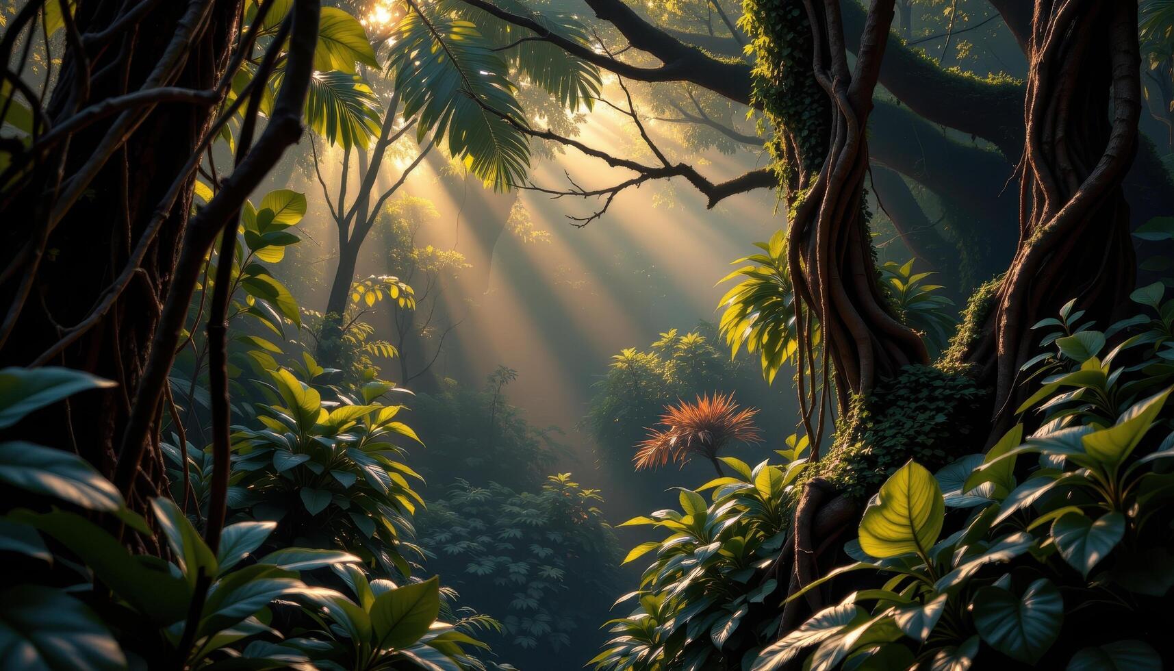 a dense jungle with thick vines, giant leaves, and shafts of golden light piercing the canopy to illuminate mist below. photo