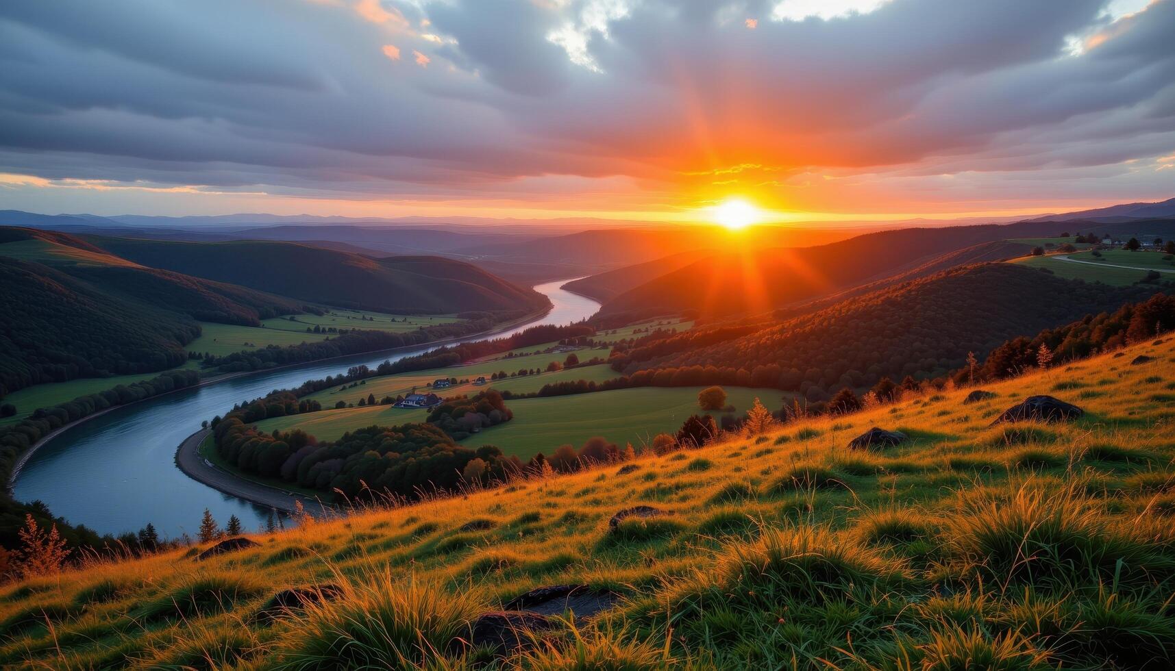 a grassy hill overlooking a winding river that glows orange in the fading light of dusk. photo