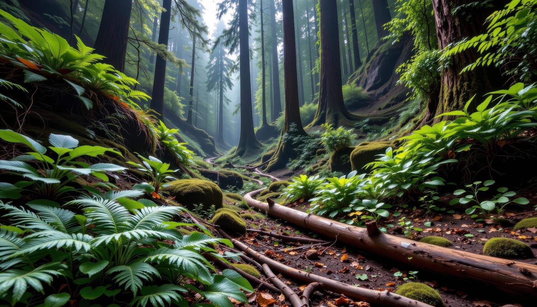 a lush temperate rainforest filled with ferns, fallen logs, and towering old growth trees. photo