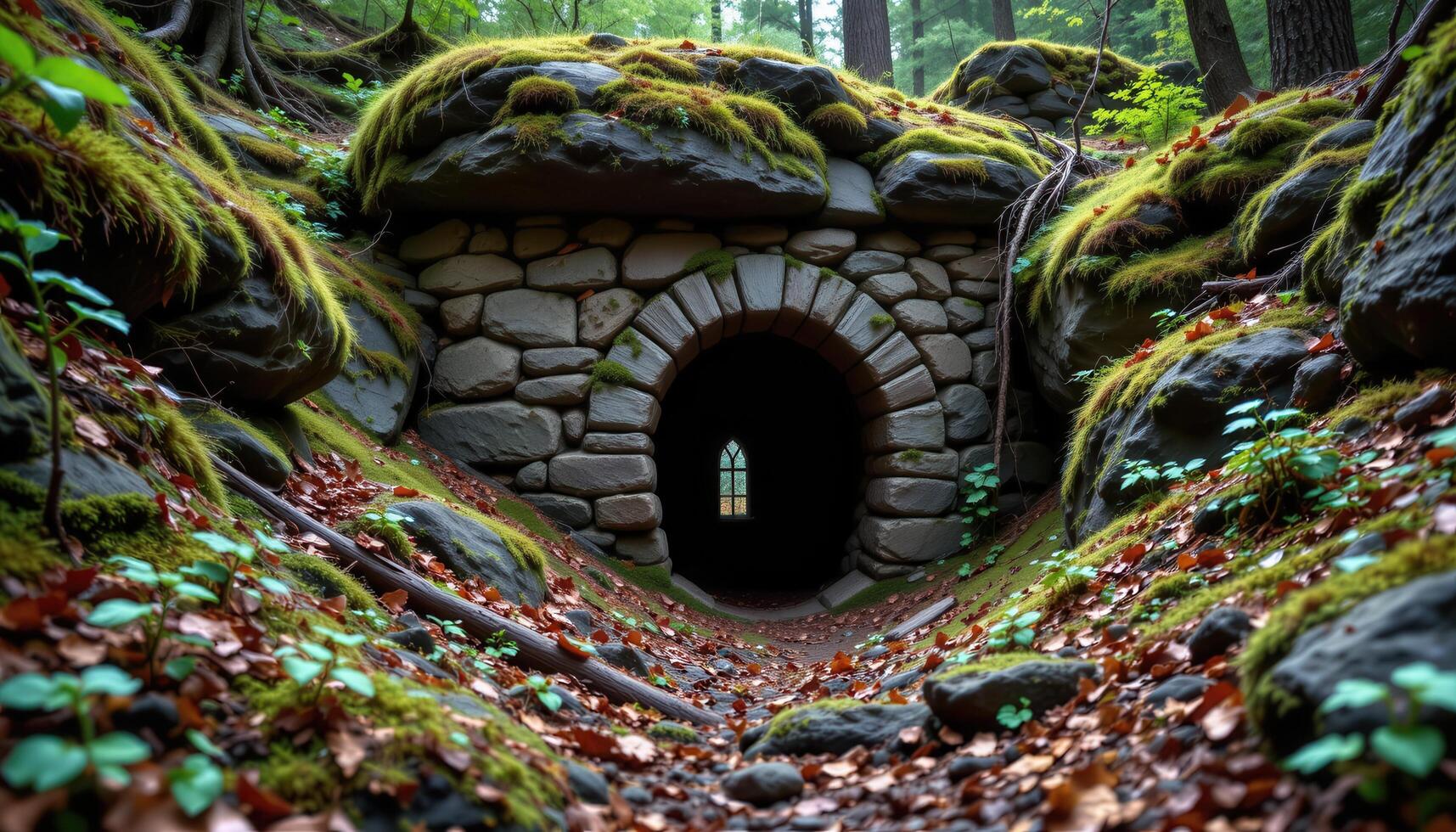 a long abandoned mine entrance half buried by forest regrowth, moss covering the stone around it. photo