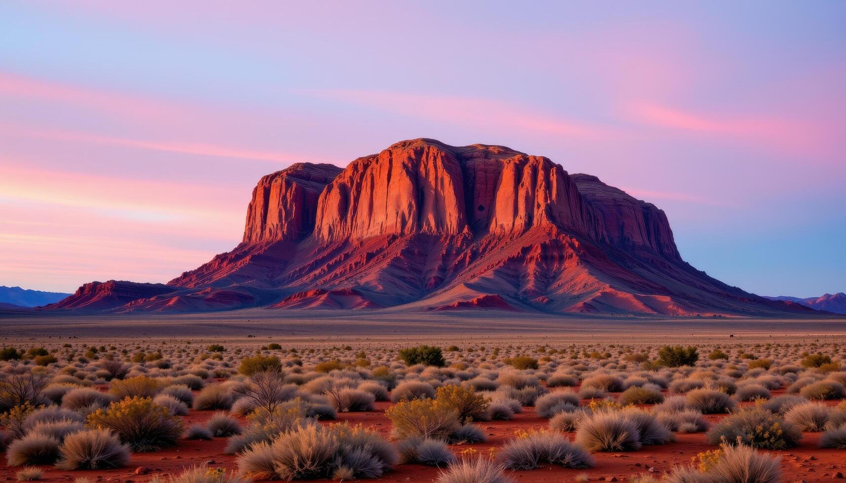 a solitary mesa rising above the flat desert, its steep walls glowing red in the evening light. photo