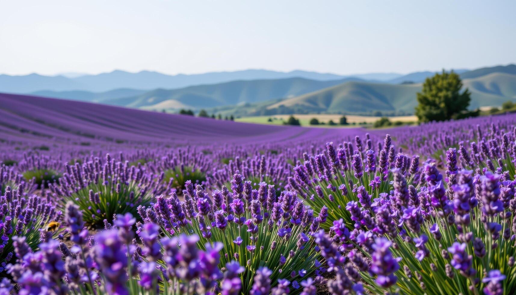 a valley full of lavender fields at full bloom, buzzing with bees and waving gently under a calm sky. photo
