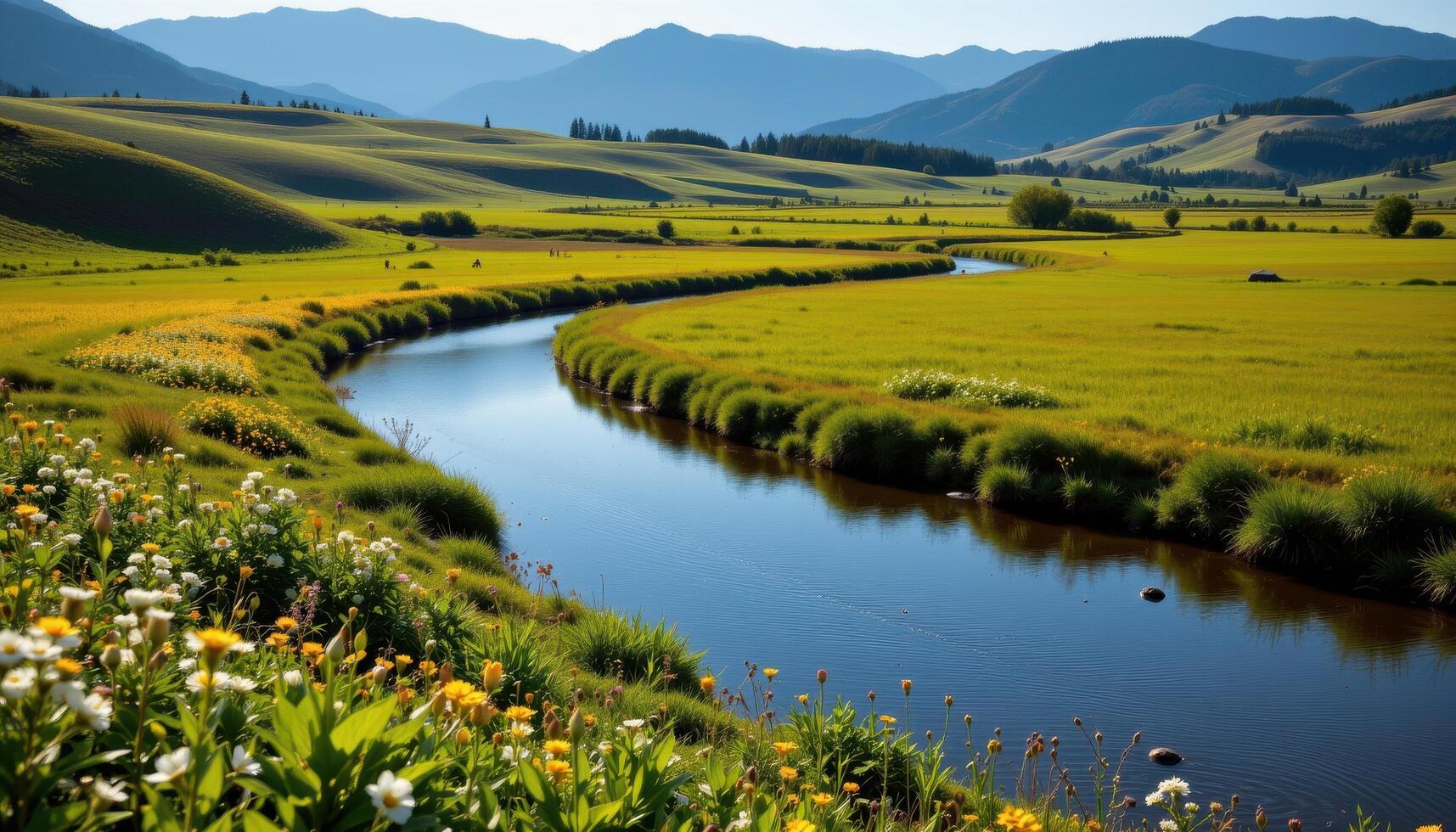 a gentle river winding through a sunlit meadow, surrounded by wildflowers, low hills, and distant tree covered ridges. photo
