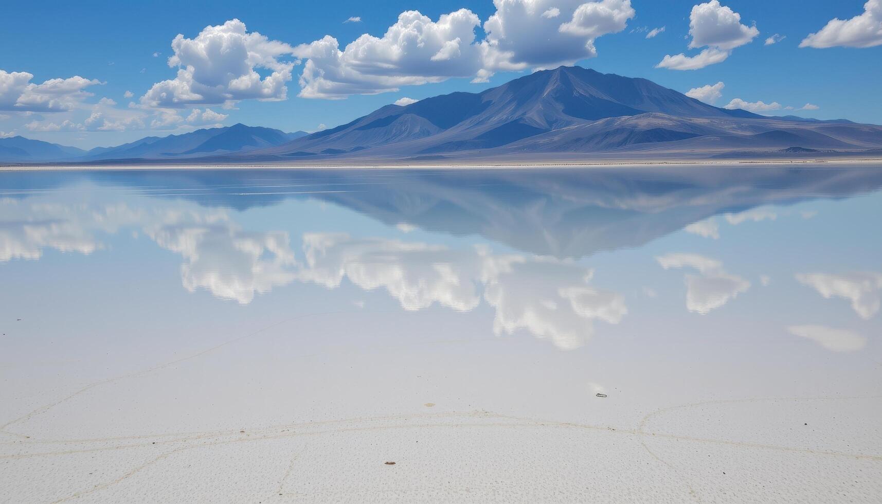 a vast expanse of salt flats stretching toward a distant mountain range, mirroring the sky in its endless shallow waters. photo