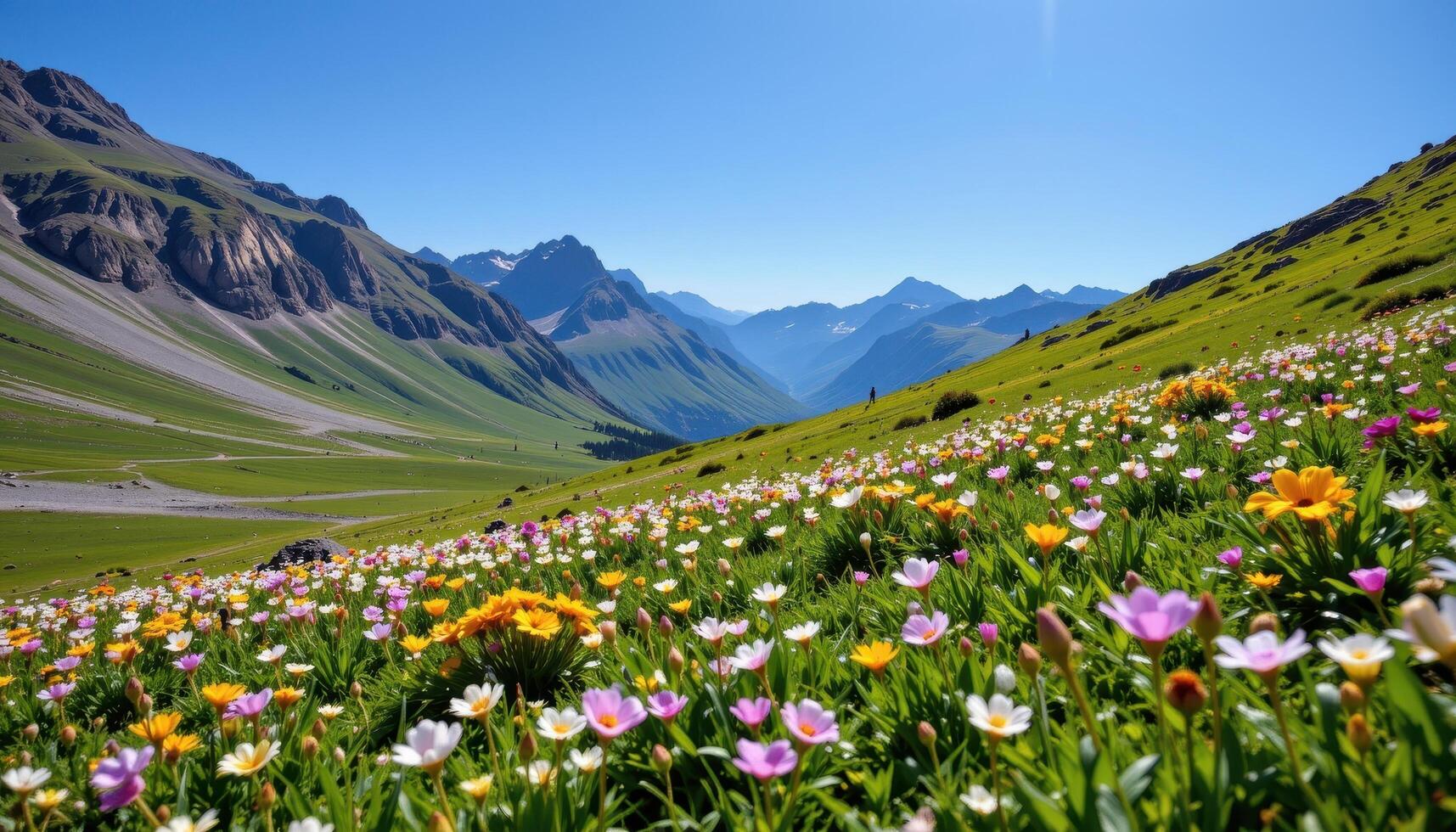 a sloping meadow filled with alpine flowers and bordered by rugged peaks, under a vibrant blue sky. photo
