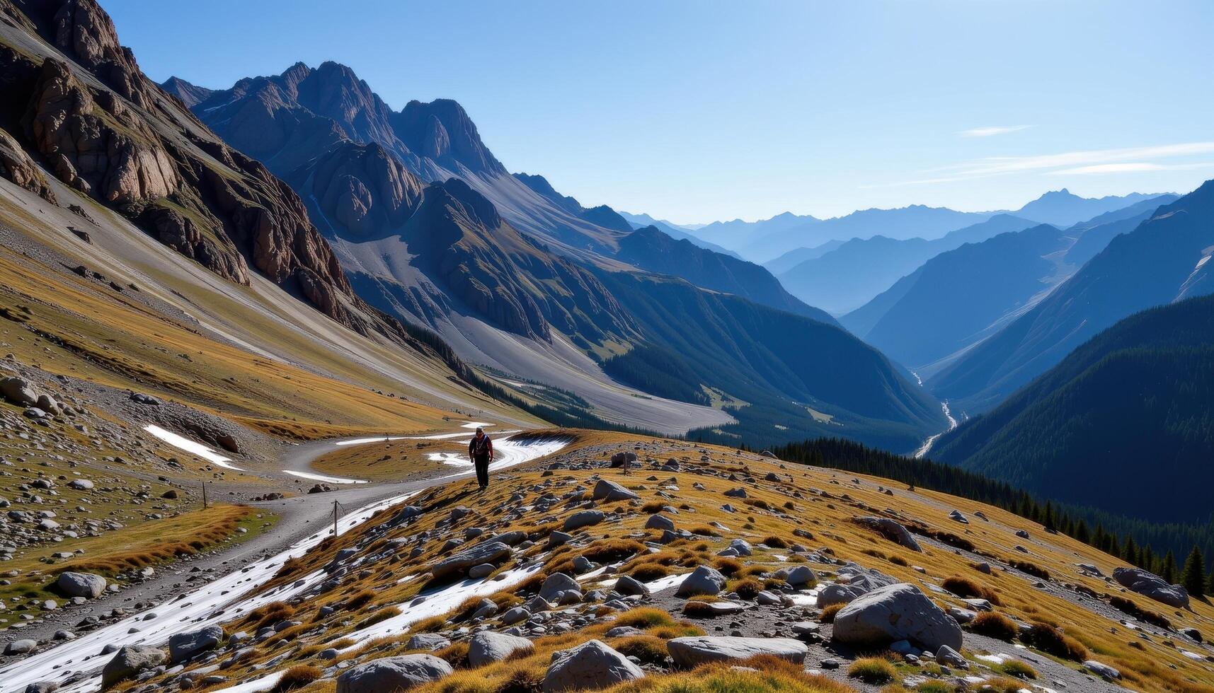 a lonely mountain pass flanked by towering cliffs, snow patches dotting the trail, and silence broken only by the wind. photo