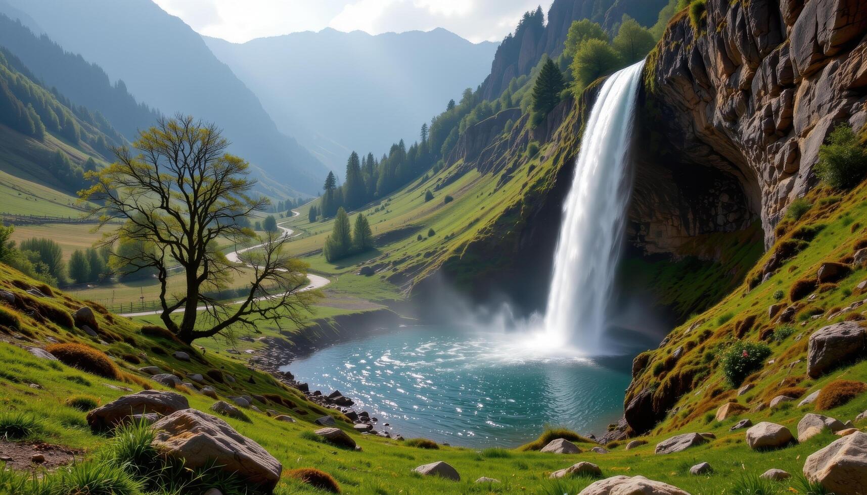 a quiet valley where morning mist clings to the hillsides, and a waterfall tumbles down from high above into a hidden pool. photo