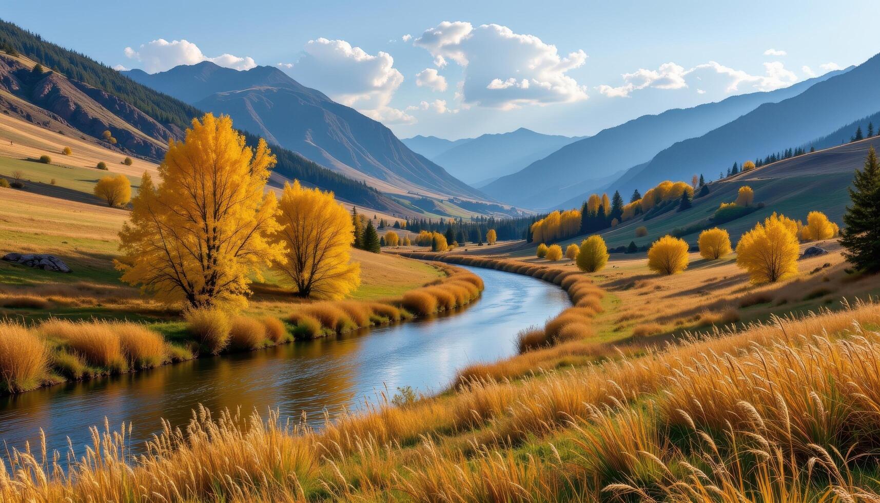 a peaceful valley with a winding river, golden trees lining the banks, and a gentle breeze moving through tall grasses. photo