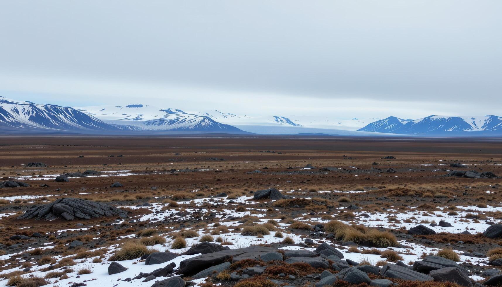 a desolate arctic tundra under a gray sky, with patches of snow, bare rocks, and a distant glacier looming on the horizon. photo