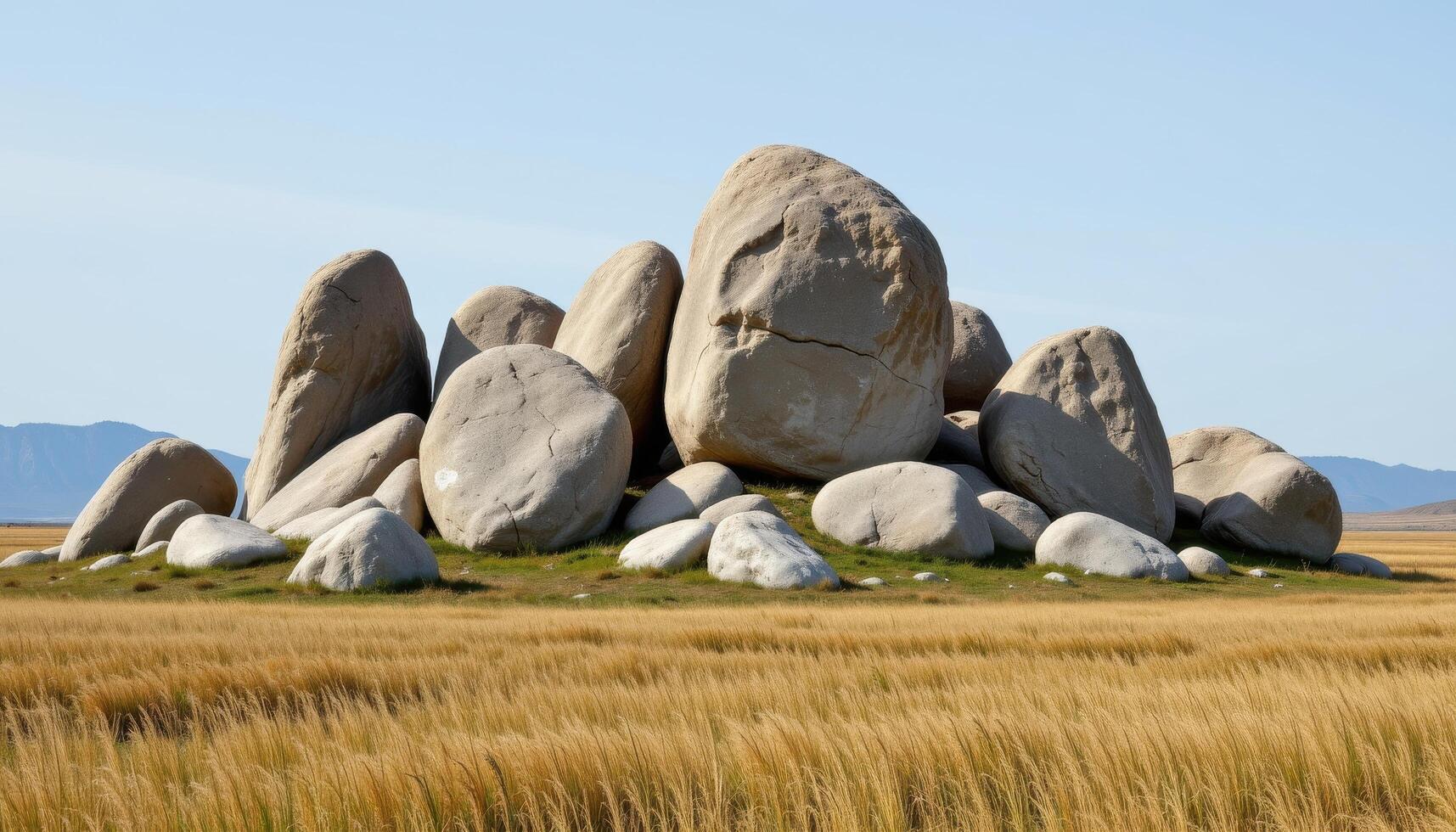 a cluster of granite boulders rising from a grassy plain, shaped by wind and centuries of erosion. photo