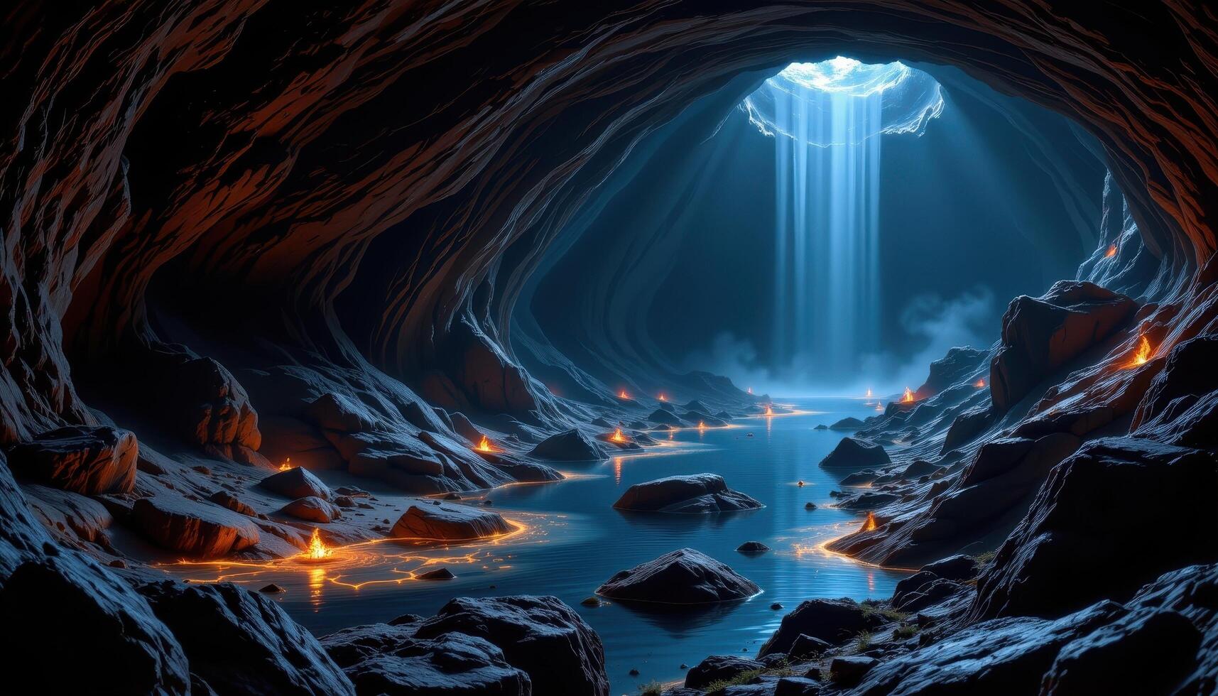 a dark cavern filled with glowing minerals and underground water reflecting the flicker of light. photo
