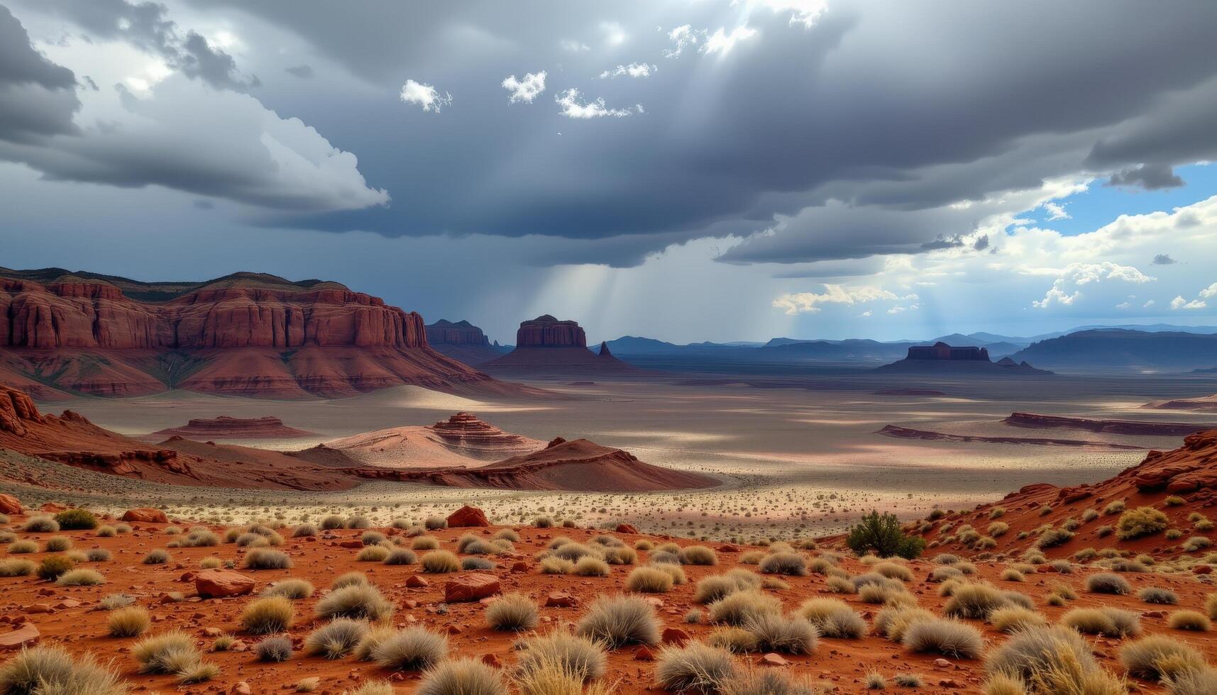 a red rock desert under dramatic cloud cover, shadows shifting quickly over the arid ground. photo