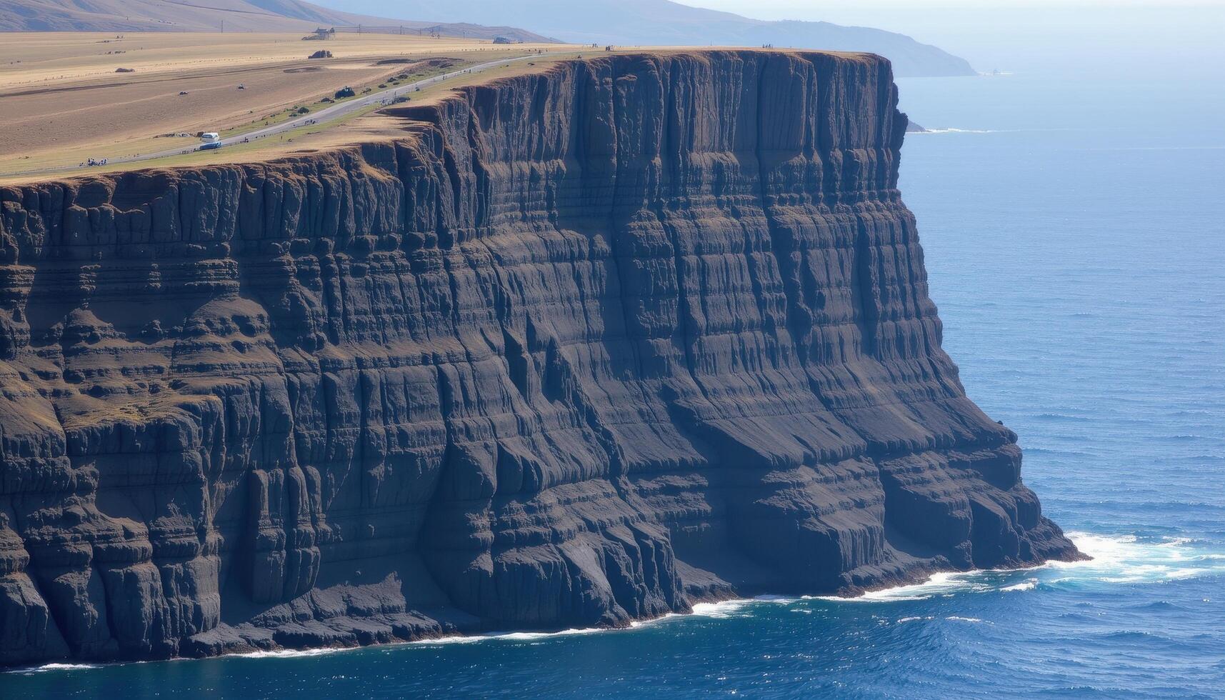 a basalt cliff rising straight from the sea, layered like a massive staircase created by volcanic flows. photo