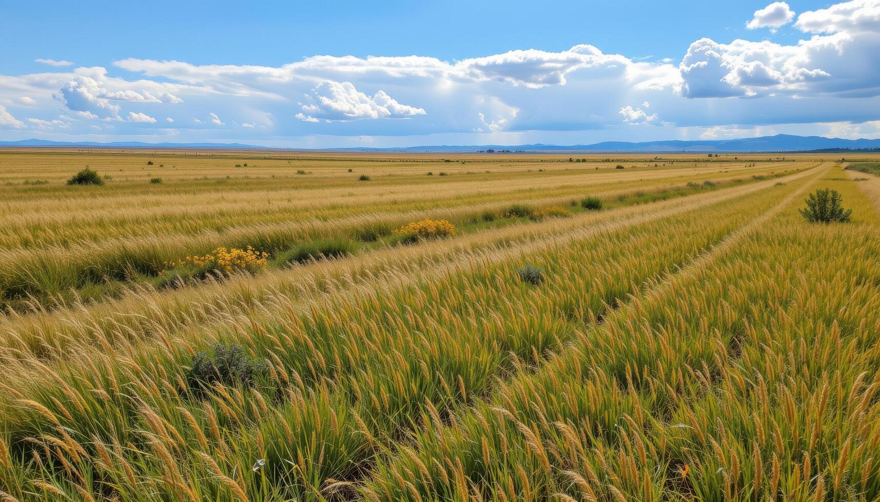 a flat prairie stretching endlessly, with wild grasses rustling and clouds building on the horizon. photo