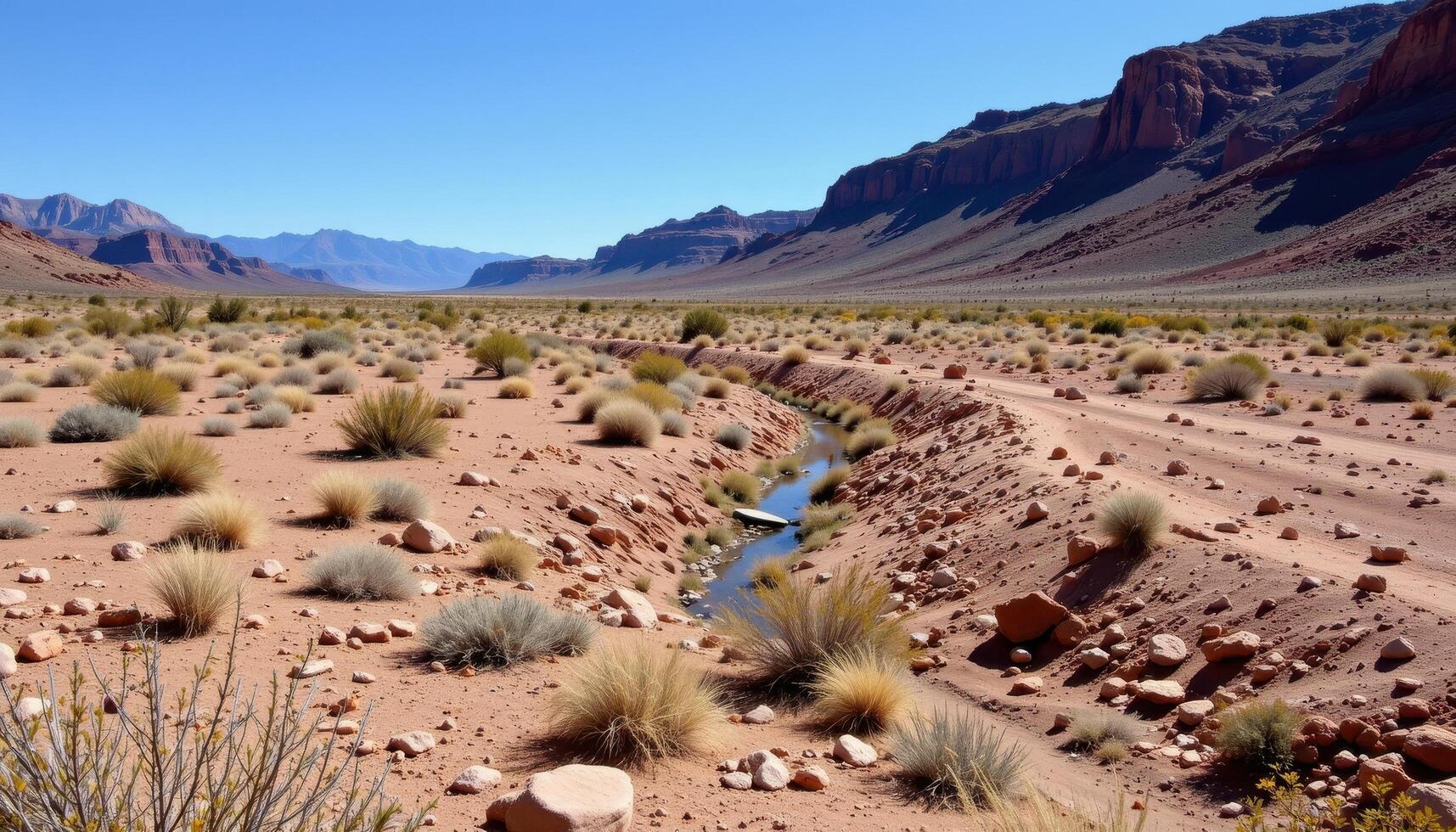 a remote high desert mesa with a dry riverbed cutting through it, showing signs of ancient water flow. photo