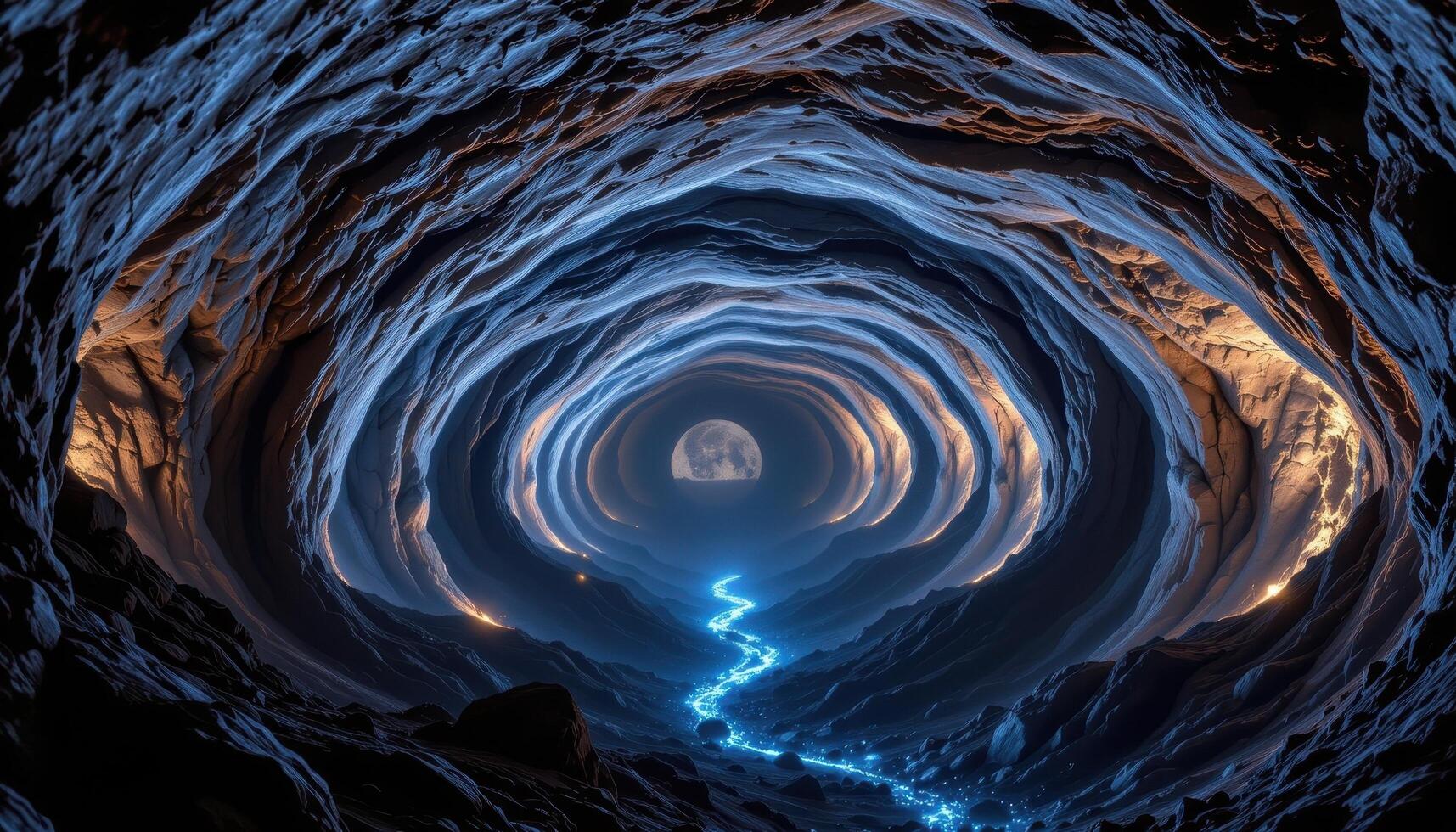 a lava tube cave network deep beneath the earth, lit only by the bioluminescent glow of mineral rich walls. photo