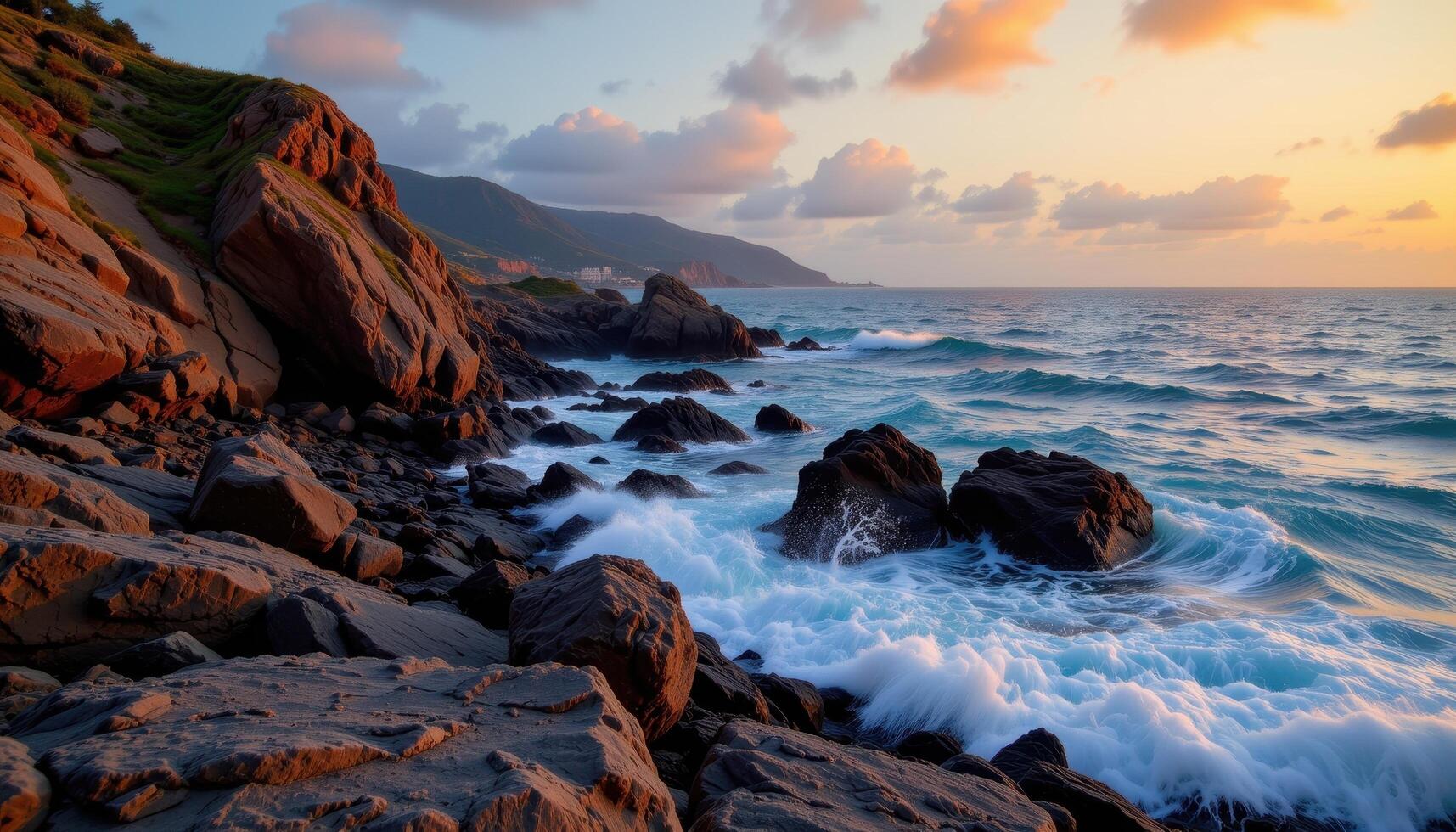 a rocky coast at dusk, where the tide creeps in silently and sea spray clings to jagged stone. photo