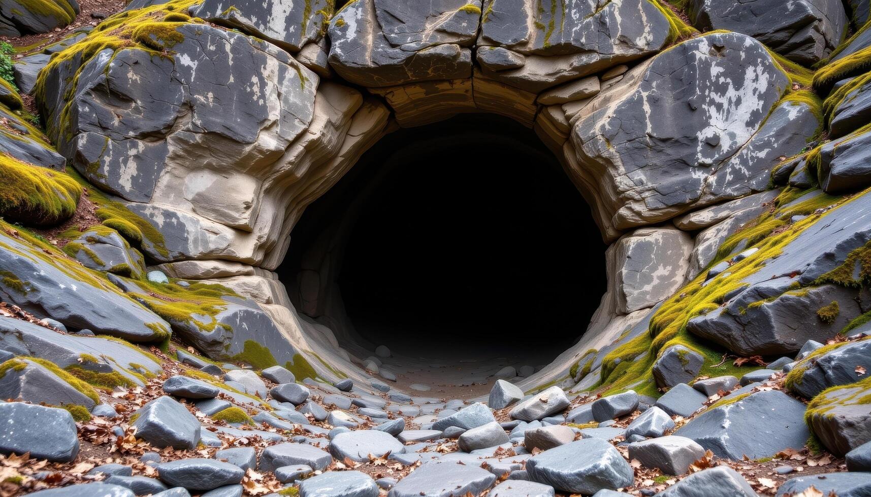 a cave mouth carved into a cliffside, its entrance veiled in shadow and surrounded by moss covered stone. photo