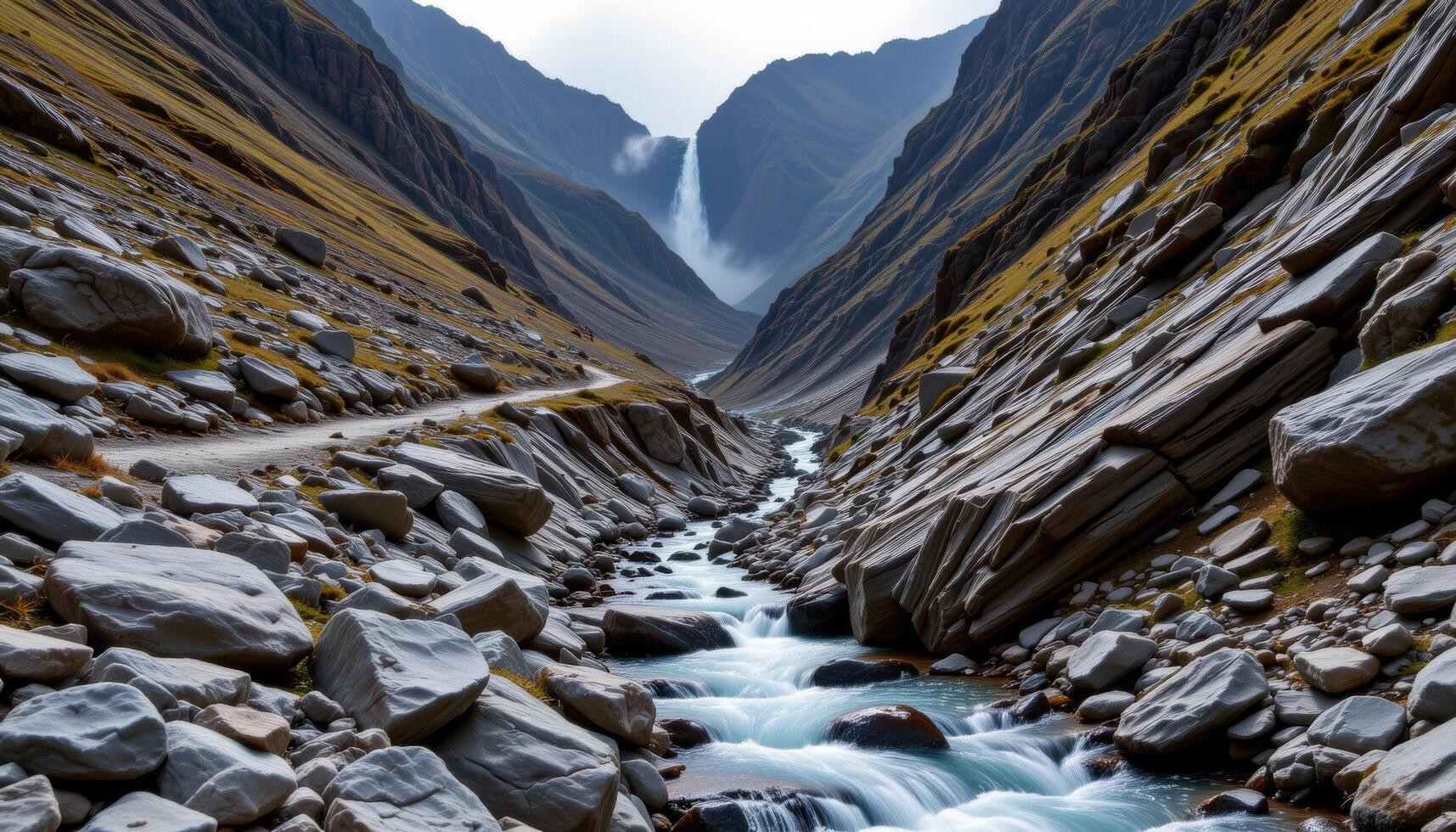 a rugged mountain ravine filled with jagged rocks and cascading water, echoing with the distant rumble of falls hidden from view. photo