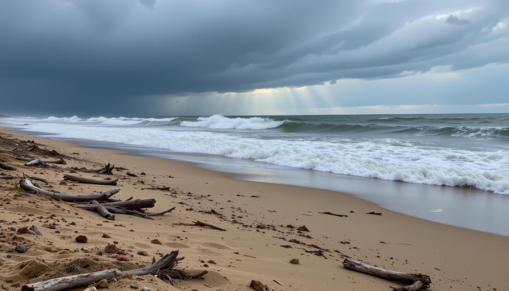 a stormy shoreline with crashing waves, scattered driftwood, and distant thunderclouds churning on the horizon. photo