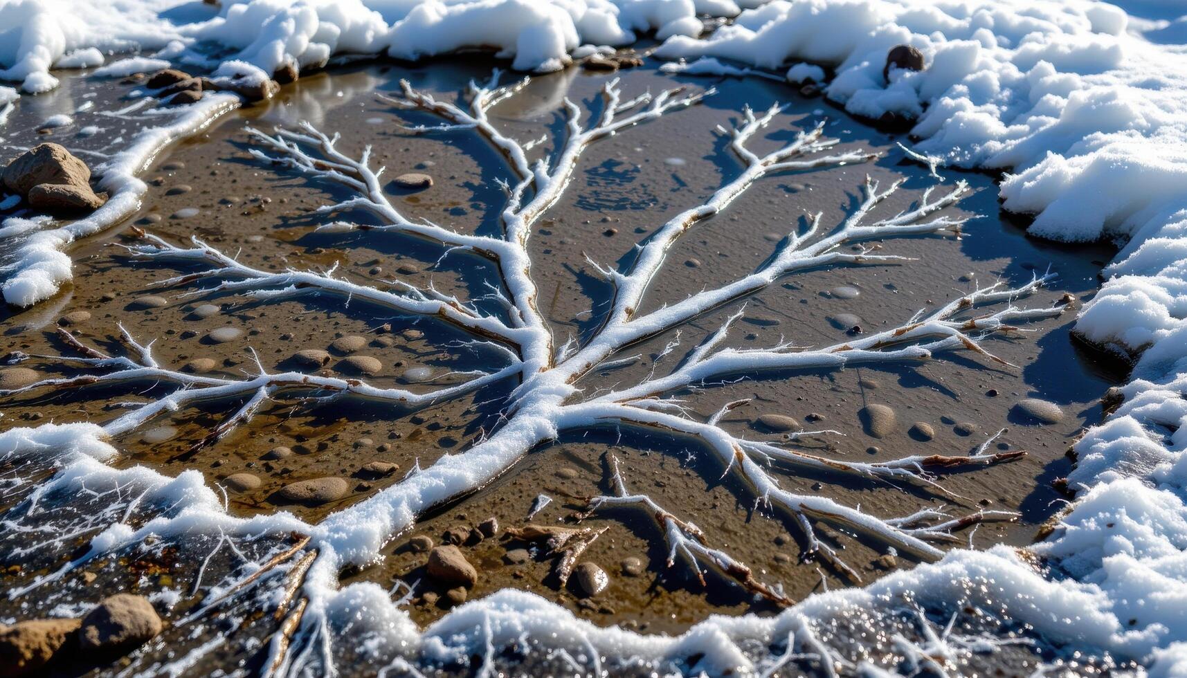 a shallow alpine tarn frozen over, with cracks in the ice spreading in intricate, radial patterns. photo