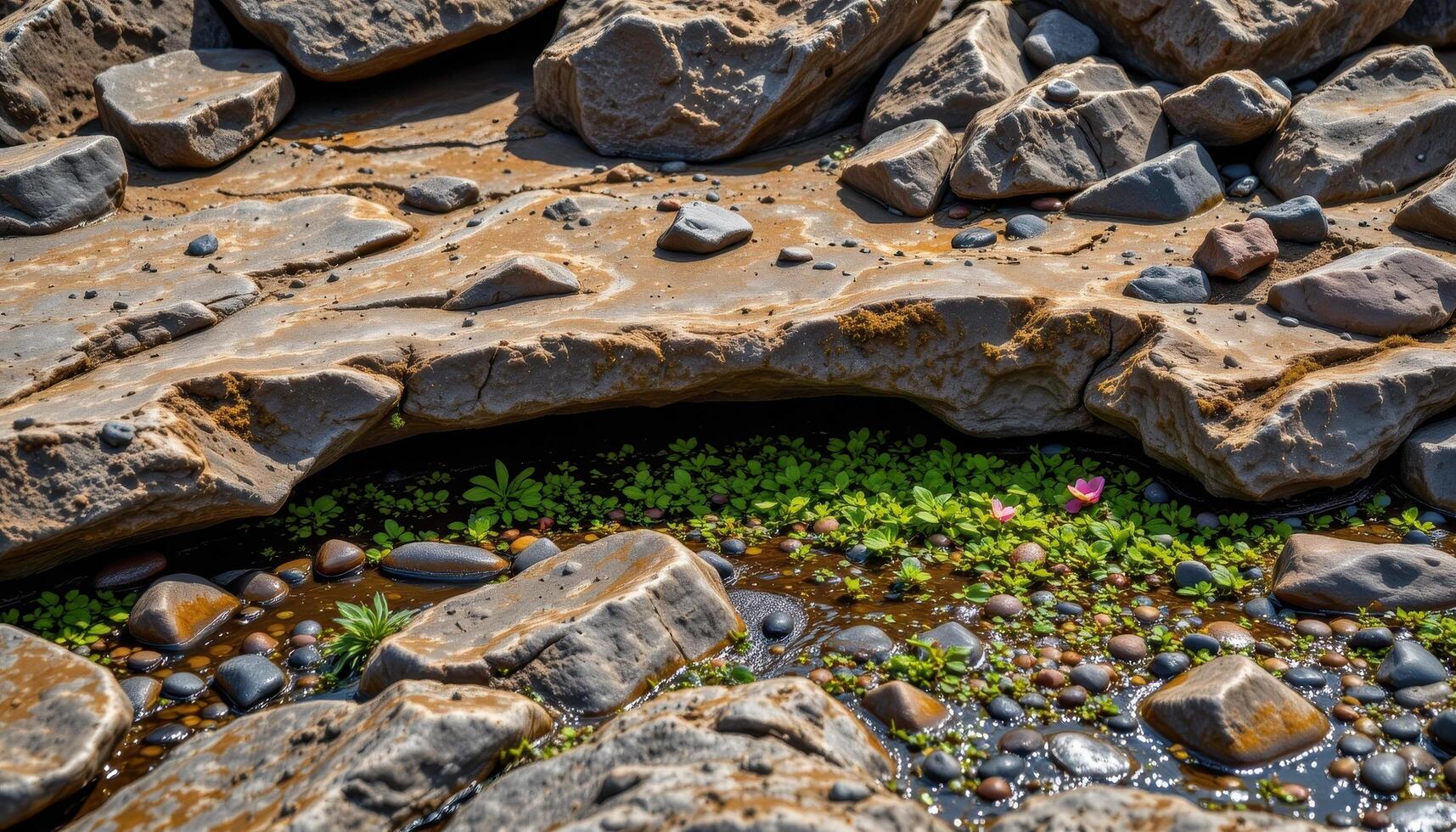 a coastal shelf exposed at low tide, revealing barnacle covered rocks and tide pools teeming with plant life. photo