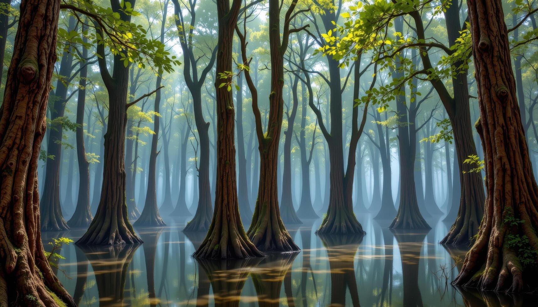 a dense grove of ancient cypress trees rooted in standing water, their trunks rising like pillars in the mist. photo