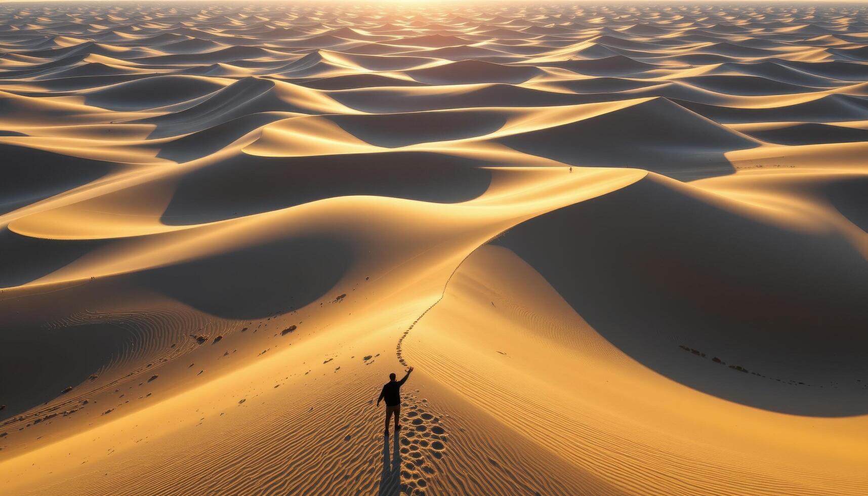 a network of sand dunes shaped like ocean waves, casting long shadows in the setting sun. photo