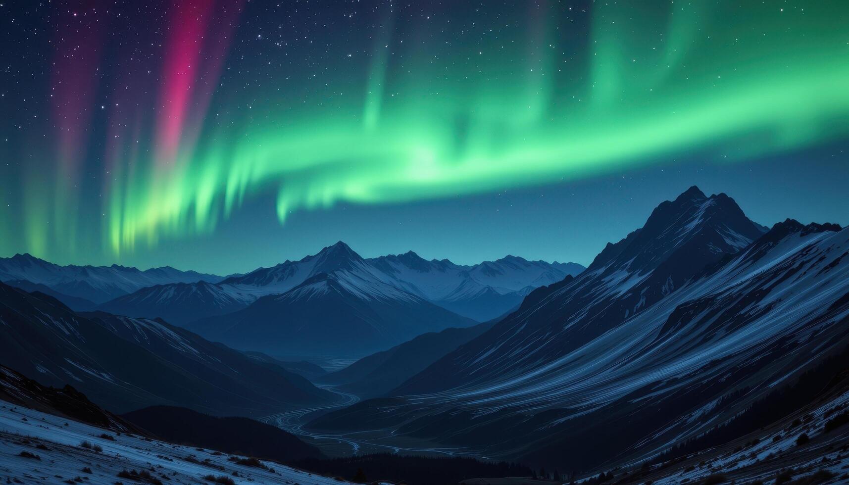 a distant chain of jagged mountains lit only by starlight and the faint aurora above. photo