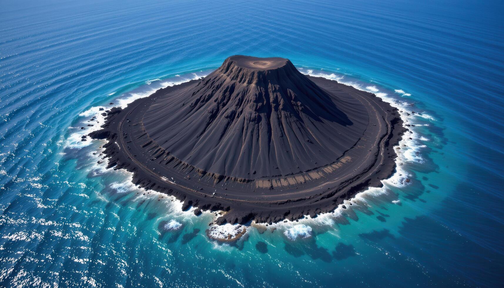 a barren island of black volcanic rock rising abruptly from turquoise waters, untouched by life. photo