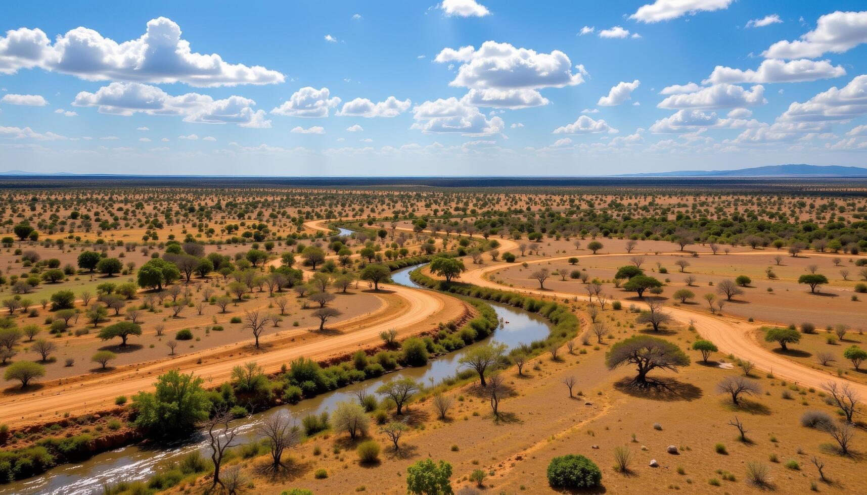a sun drenched savannah with scattered acacia trees and dry riverbeds winding across the plain. photo