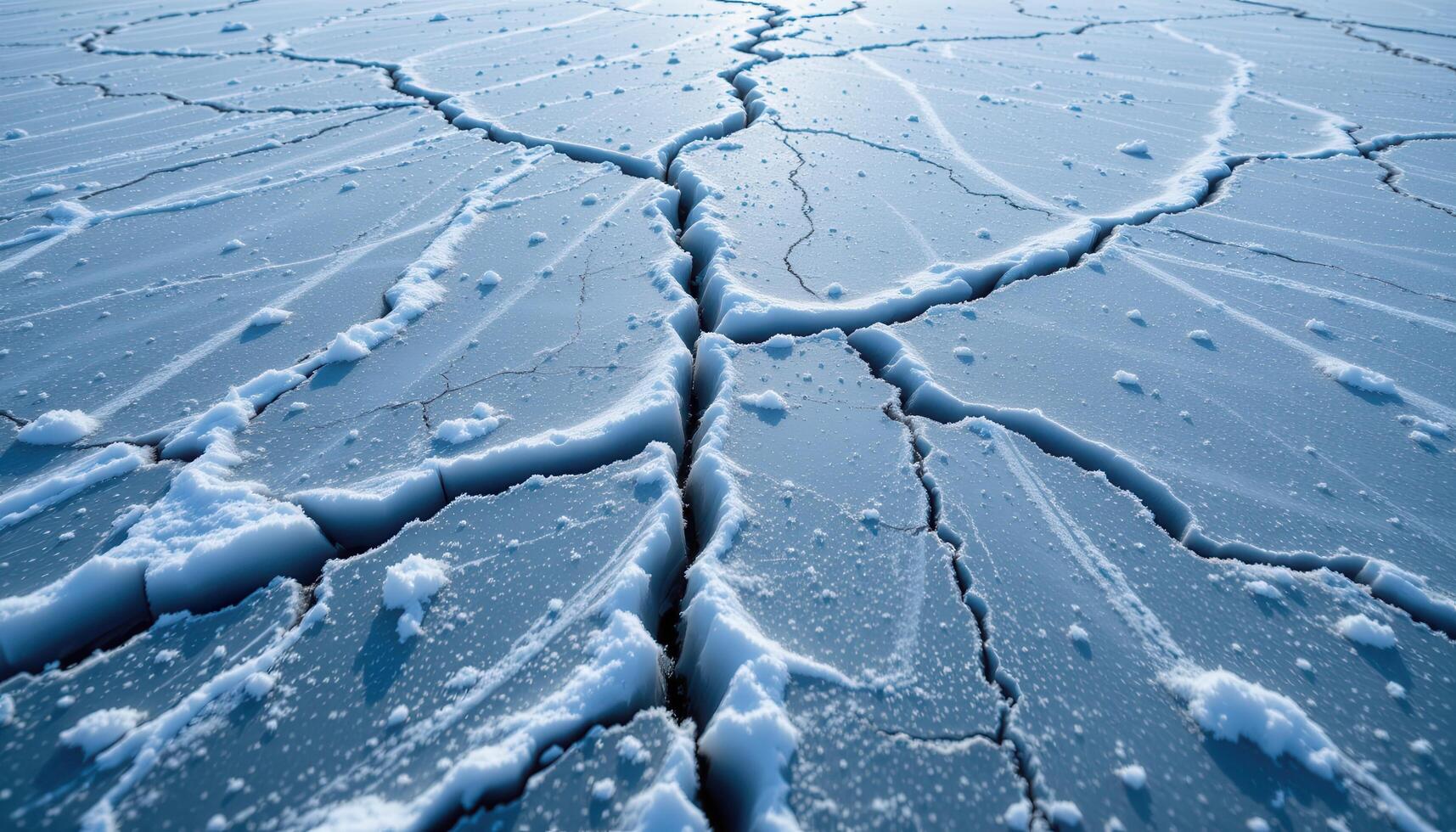 a frozen lake cracked in jagged lines, with snow drifting across its cold surface. photo